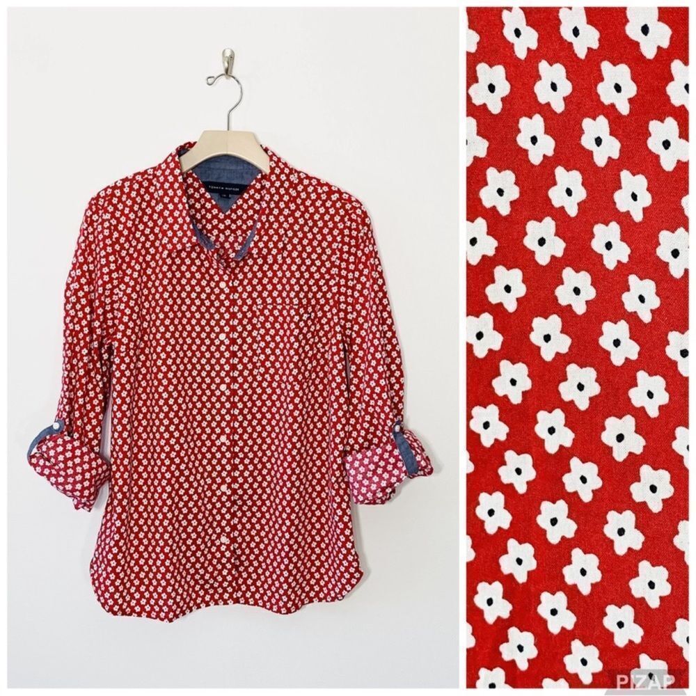 Tommy Hilfiger 3X Scarlet Red White Ditsy Floral Chambray Trim Tab Sleeve Shirt